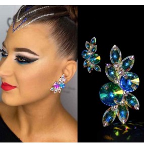 Modern Ballroom Latin dance competition Colorful Rhinestones earrings imitation Austrian diamond 925 silver needle Blackpool performance Bling ear stud